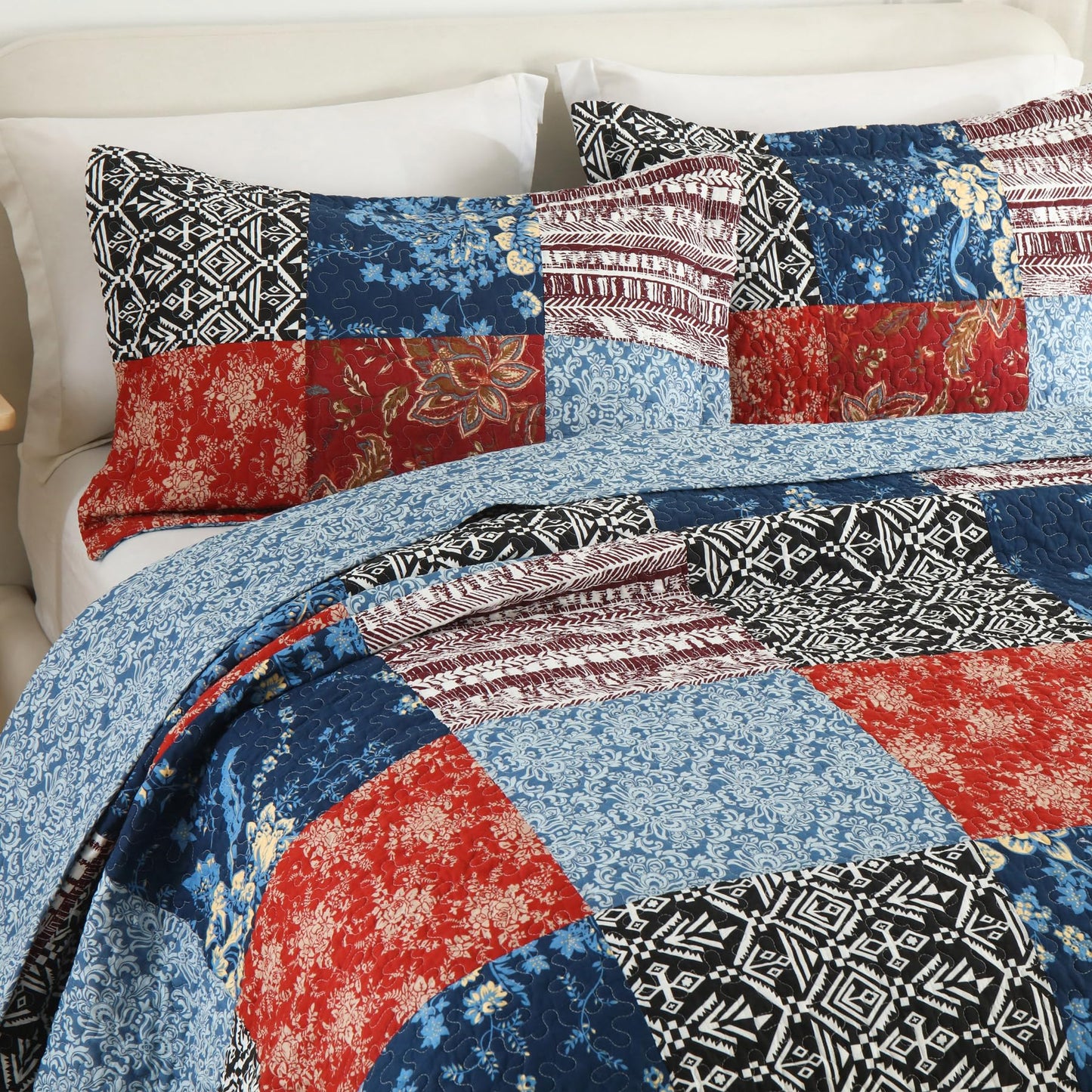 Secgo California King Comforter Set for Bed - 100% Cotton Quilts Cal King Size, Black Bedspreads (120 * 110 Inch) with 2 Pillow Shams, Patchwork Reversible Lightweight Bedding