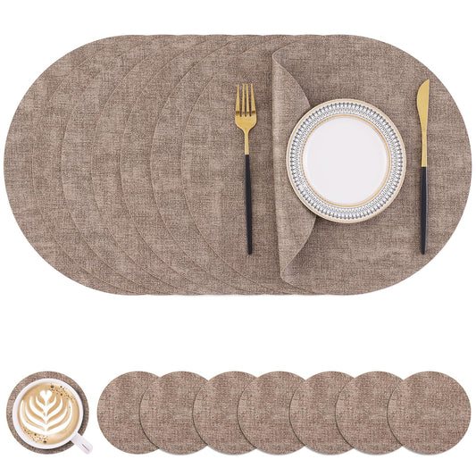 Homaxy Round Faux Leather Placemats and Coasters, Washable Dual-Side Table Mats, Wipeable Heat-Resistant Dining Place Mats for Outdoor and Indoor, Set of 8, Diameter 13 and 3.93 inch, Light Brown