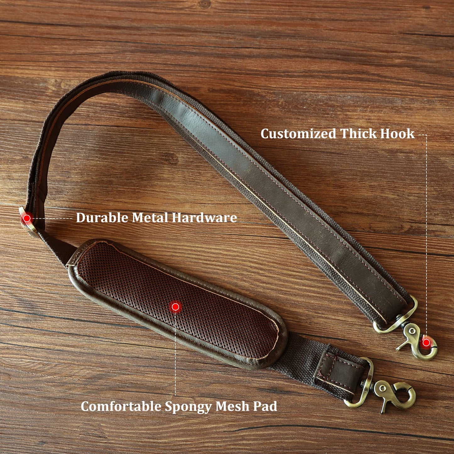 Polare Full Grain Leather Adjustable Replacement Shoulder Strap with Metal Hook for Briefcase Messenger Shoulder Duffel Bag Dark Brown