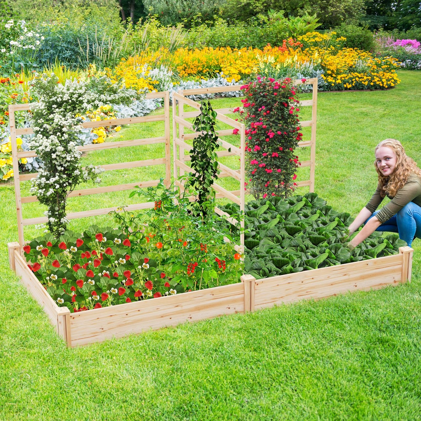 HAPPYGRILL Raised Garden Bed with 3 Trellises, Outdoor Wood Raised Bed w/ 2 Planter Boxes for Flowers, Vegetables, Fruits Climbing Vines, Elevated Garden Box for Yard Patio, 88" L x 45" W x 43" H