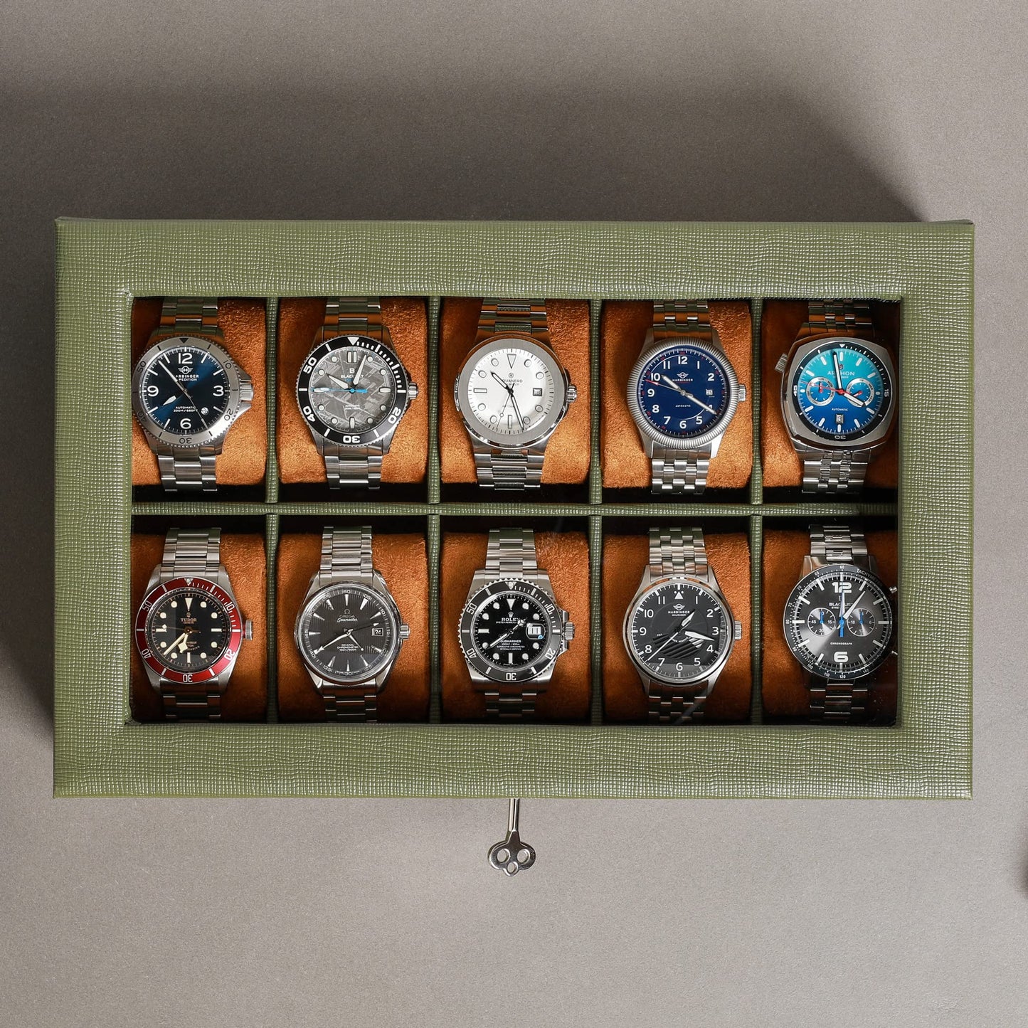 ROTHWELL 10 Slot Leather Watch Box - Luxury Case Display Jewelry Organizer - Locking Watch Display Case Holder with Large Glass Top - Box Organizer for Men and Women (Green/Tan)