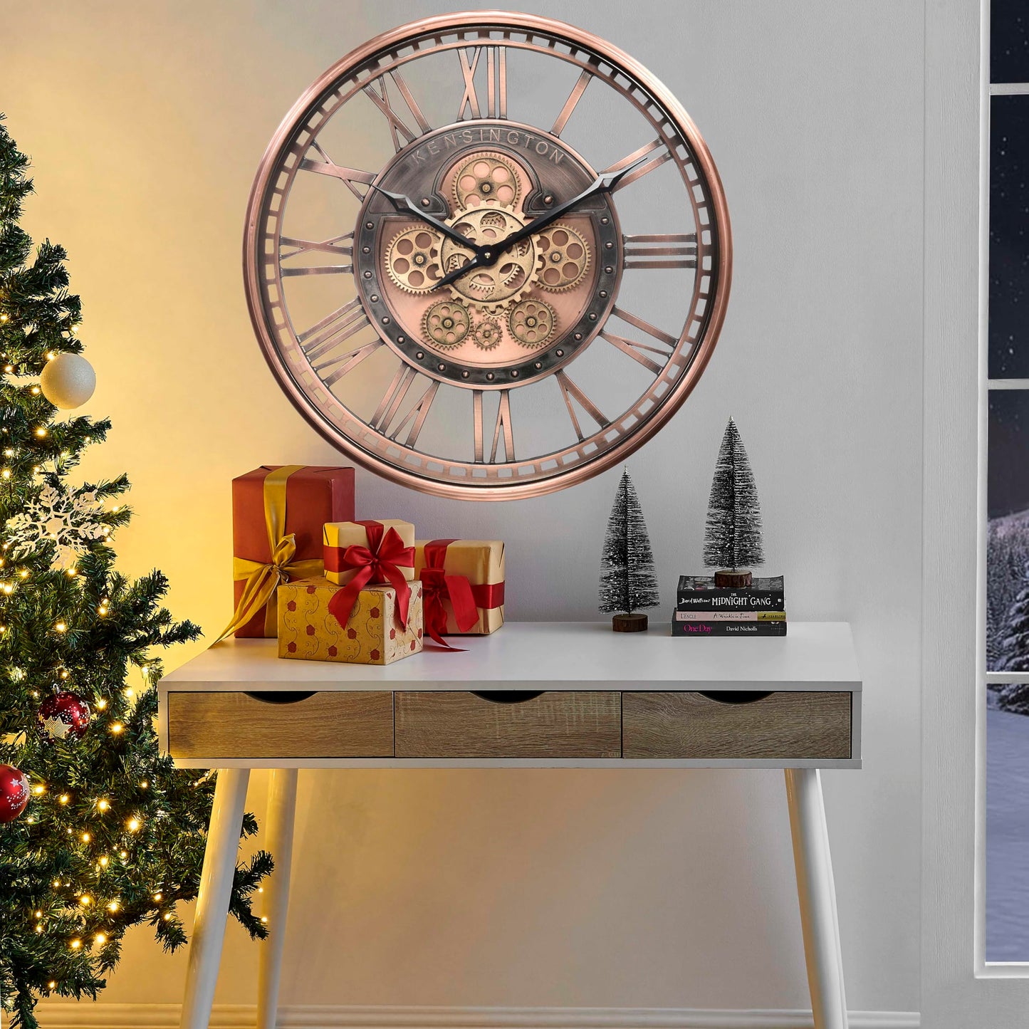 CLXEAST 21 Inch Large Roman Numeral Wall Clock with Moving Gears,Farmhouse Copper Rose Gold/Copper Metal Wall Clocks for Living Room Decor,House Warming Gifts New Home
