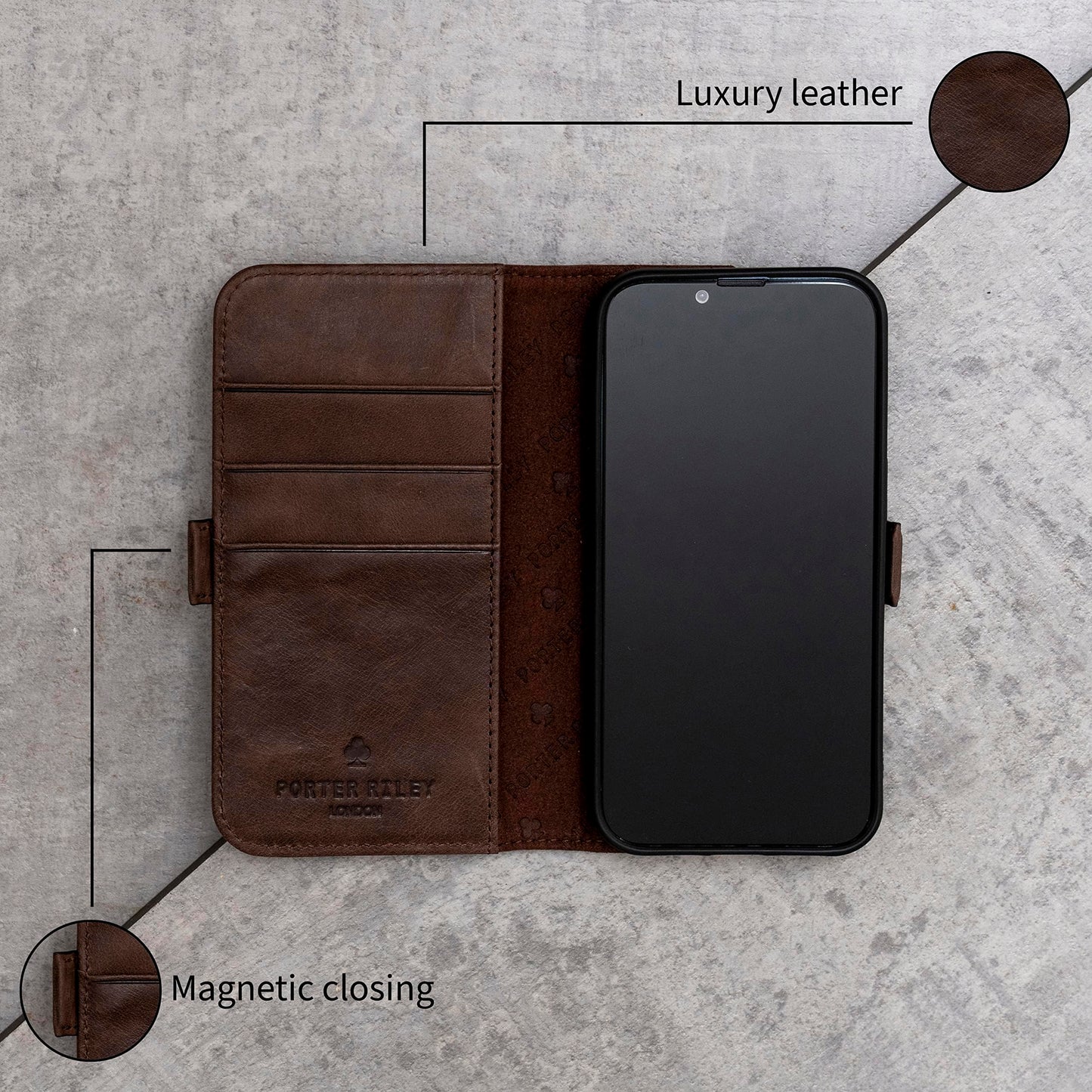 Porter Riley - Leather Case Compatible with iPhone 17. Premium Genuine Leather Stand/Cover/Wallet/Flip Case with Card Slots & Horizontal Stand (Chocolate Brown)