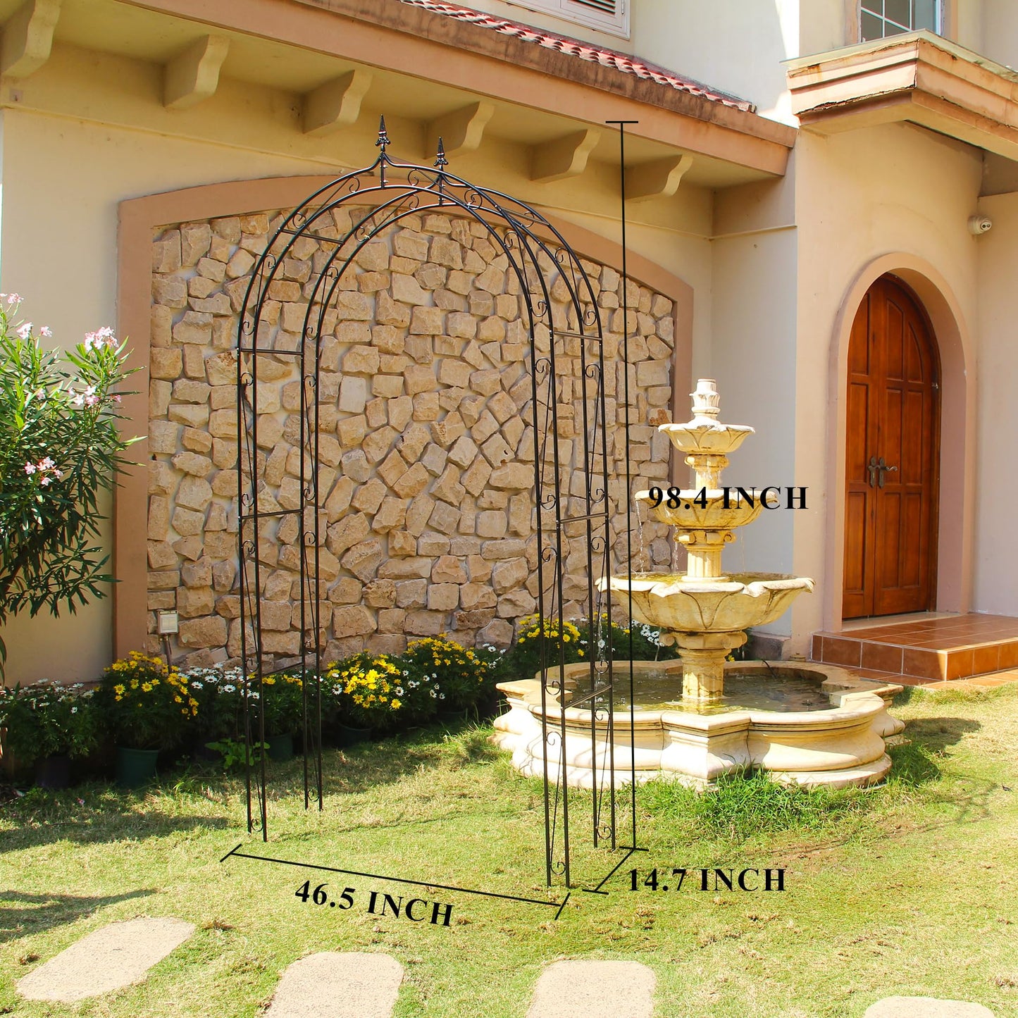 SCENDOR Garden Arbor Arch 98.4" H x 46.5" W, Heavy Duty Iron Archway Decorative Structure Stand Trellis for Climbing Rose Vines Plant Wedding Ceremony Party Outdoor Decor Black