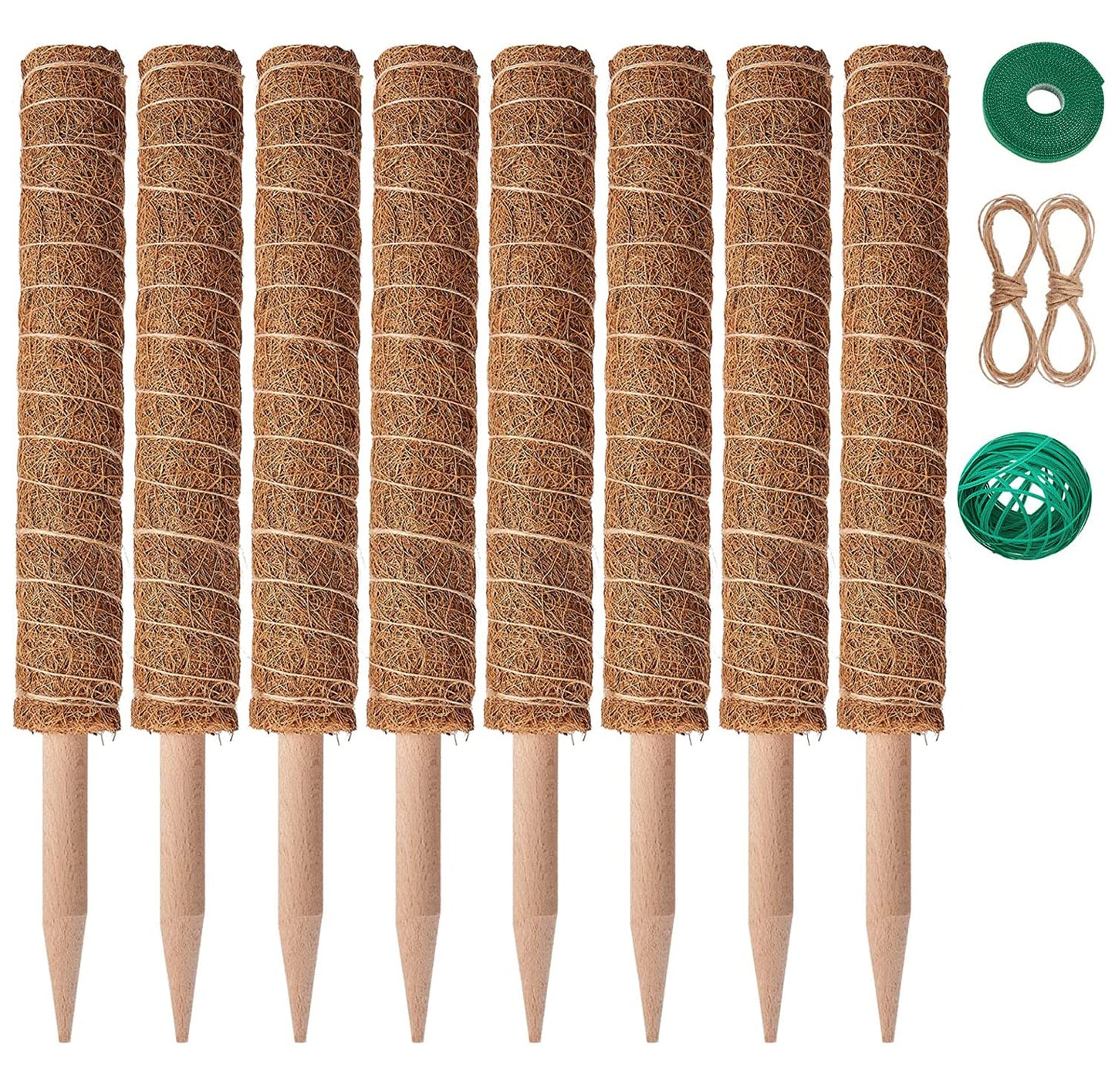 Eibikdi 8 Pcs Moss Pole for Plants Monstera, Plant Support Stakes for Indoor Climbing Plants Grow Upwards, with 65ft Twist Ties, 13ft Jute Rope, 6.5ft Hook-and-Loop Strip