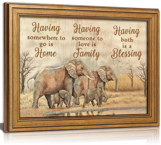 Vintage Gold Framed Family Wall Art, Elephant Family Love Painting Canvas Prints, Inspirational Quote Picture Wall Decor, Rustic Farmhouse Poster Artwork for Living Room Bedroom Dining Room 9x11 in