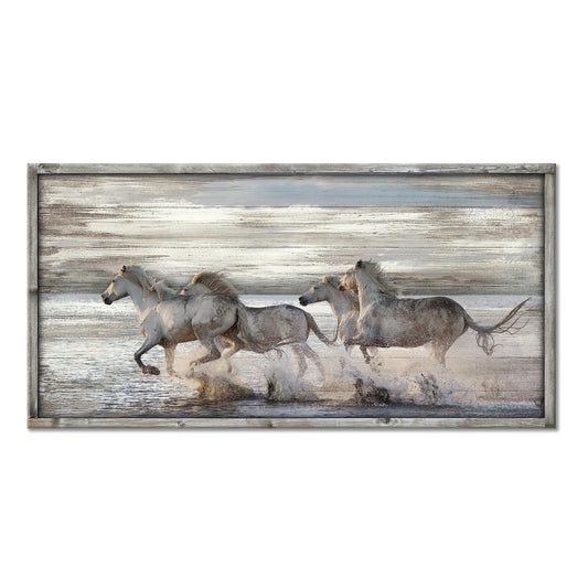 Horse Pictures Wall Art Framed: Running Animal Horses Print on Textured Natural Wood with Handcrafts Rustic Sturdy Framed Artwork for Farmhouse Decor (40'' x 20'' x 1 Panel)
