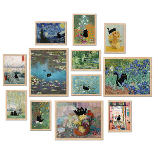 TwoDays Vintage Black Cat Room Decor, Funny Cats in Famous Painting, Monet Van Gogh Matisse Wall Art Prints for Bathroom Bedroom Aesthetic (Multi Sizes, Set of 12, 8" X 10" Largest, UNFRAMED)