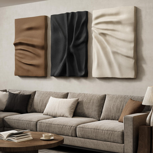 Large 3D Textured Wall Art Decor for Living Room, 3 Piece Neutral Abstract Carved Artwork for Walls, Black and White Brown Minimalist Pictures Wall Decor for Hallway, Dining Room Home Decor, 24x36 In