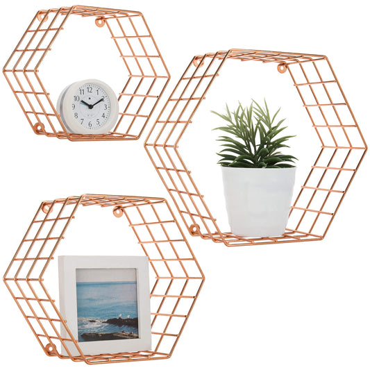 MyGift Copper Floating Hexagon Shelves, Hexagonal Copper-Tone Wire Wall-Mounted Hanging Shelf, Set of 3