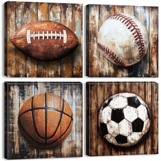 Sports Wall Decor for Boys Bedroom Vintage Sports Wall Art for Teen Room Cool Baseball Soccer Football Basketball Canvas Prints Ball Theme Painting Toddler Nursery Playroom Home Decorations 12x12" 4Pcs