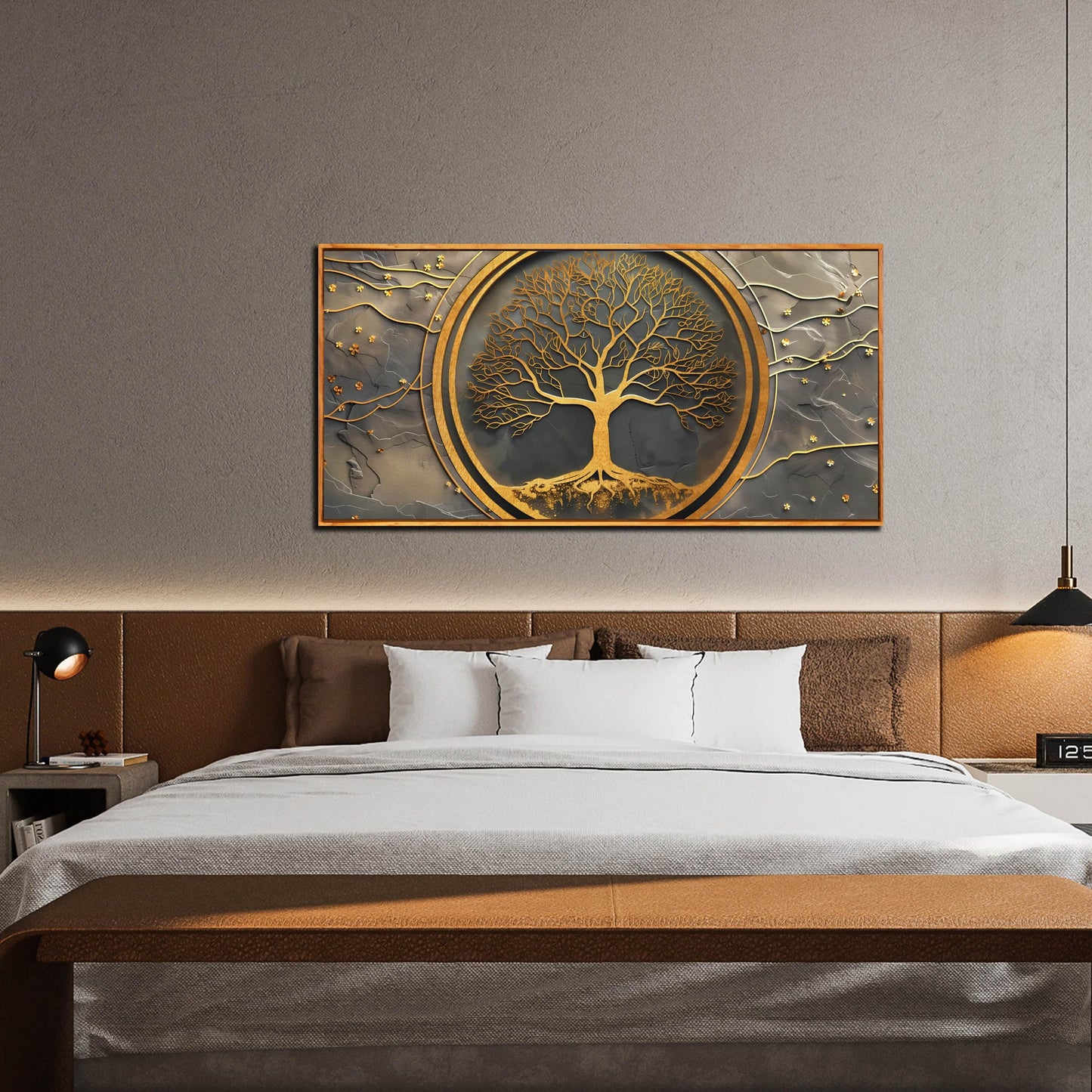 Tree Pictures Wall Art for Living Room - Gold Modern Wall Decor Office - Wooden Framed Wall Art Size 29" x 59"