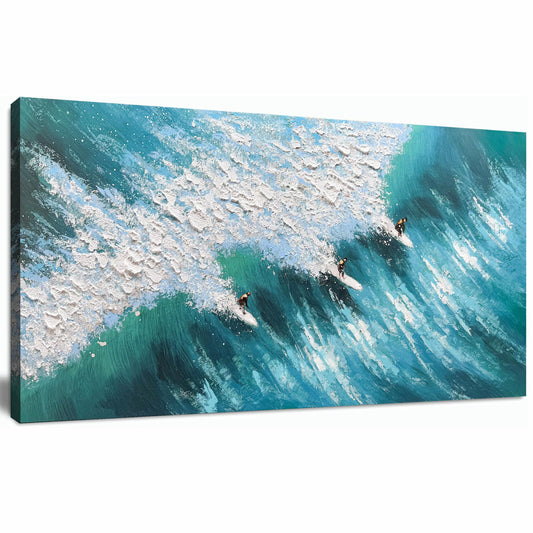 Large Beach Wall Art for Living Room 20"x40" Blue and White Hand Painted Surfing Ocean Wave Coastal Canvas Painting Seascape Artwork with Surfers Textured Art for Bedroom Office Ready to Hang