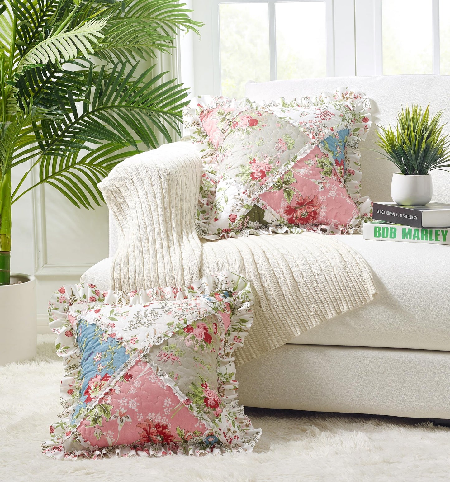 Brilliant Sunshine Peach and Olive Flowers Patchwork Ruffle Pillowshams, Quilted Decorative Pillow Covers Set, Square Throw Cushion Cases for Couch, Chair, Car, Bed, 18x18, Pack of 2, Peach Olive