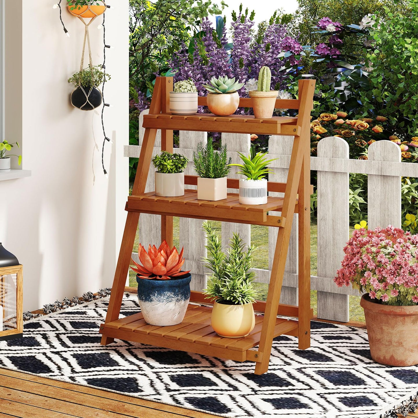 Giantex Foldable Ladder Plant Shelf, 3-Tier Solid Wood Indoor Outdoor Flower Pot Display Rack, Corner Storage Bookshelf, Freestanding Tiered Plant Stand for Garden Patio Balcony, No Assembly