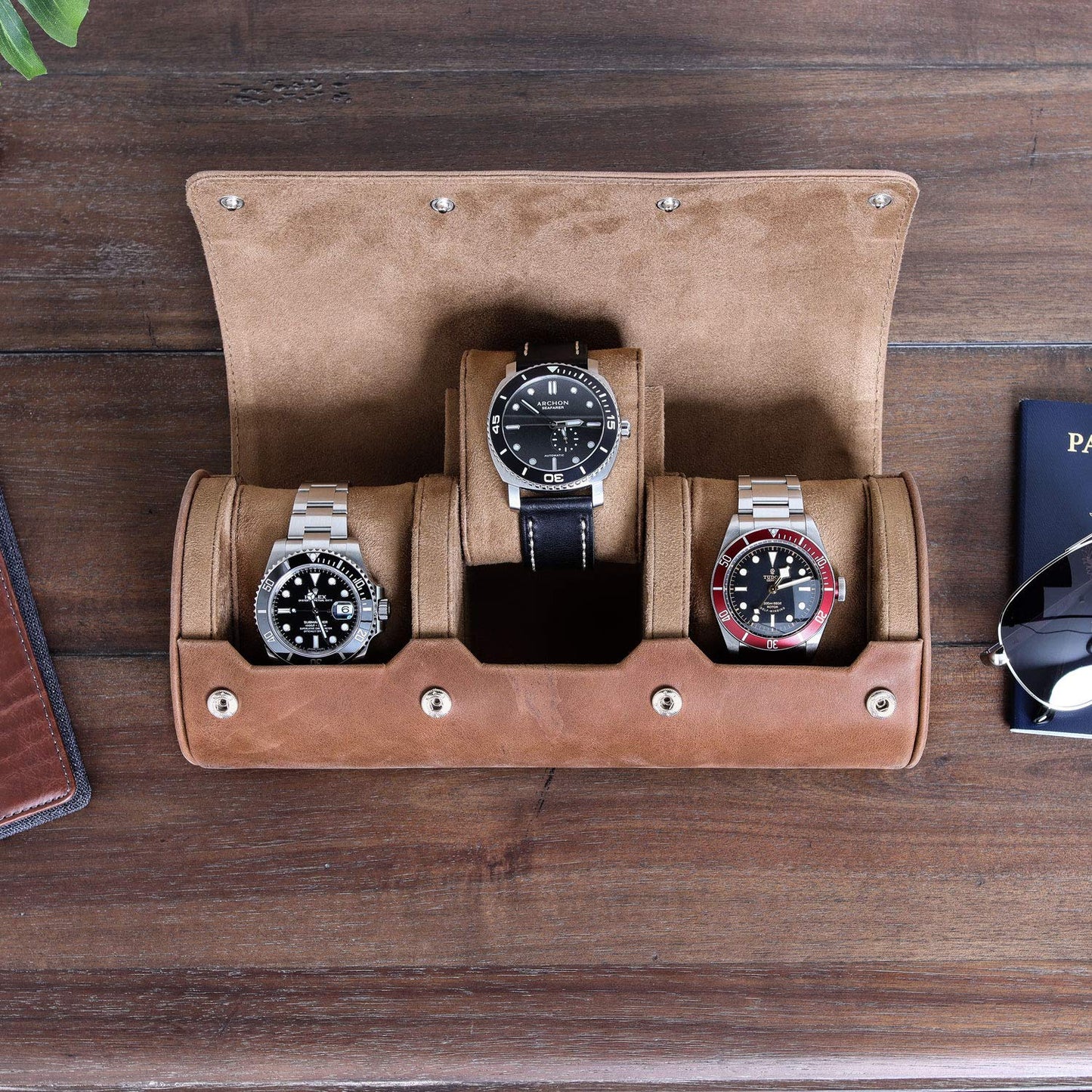 ROTHWELL Watch Roll Travel Case for 3 Watches | 100% Real Leather, Tough Portable Protection, Fits All Wrist Watch & Smart Watches Up to 50mm (Tan/Tan)